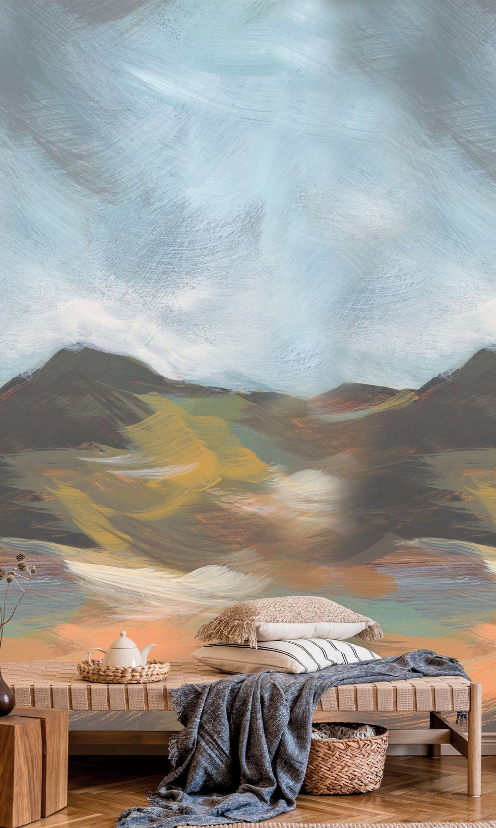 Muskmellon & Bright Umber Mountain Landscape in Watercolor Wallpaper RM9074