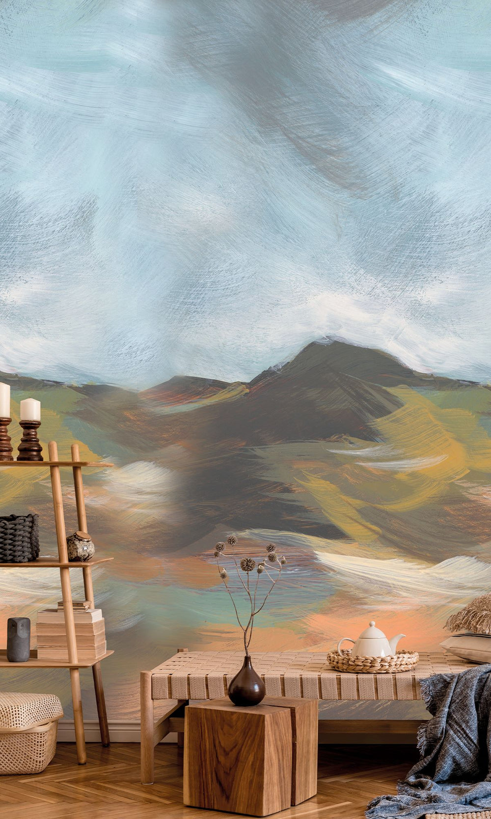 Muskmellon & Bright Umber Mountain Landscape in Watercolor Wallpaper RM9074