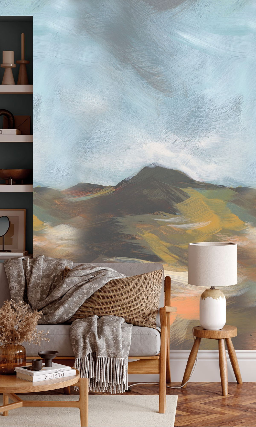Muskmellon & Bright Umber Mountain Landscape in Watercolor Wallpaper RM9074
