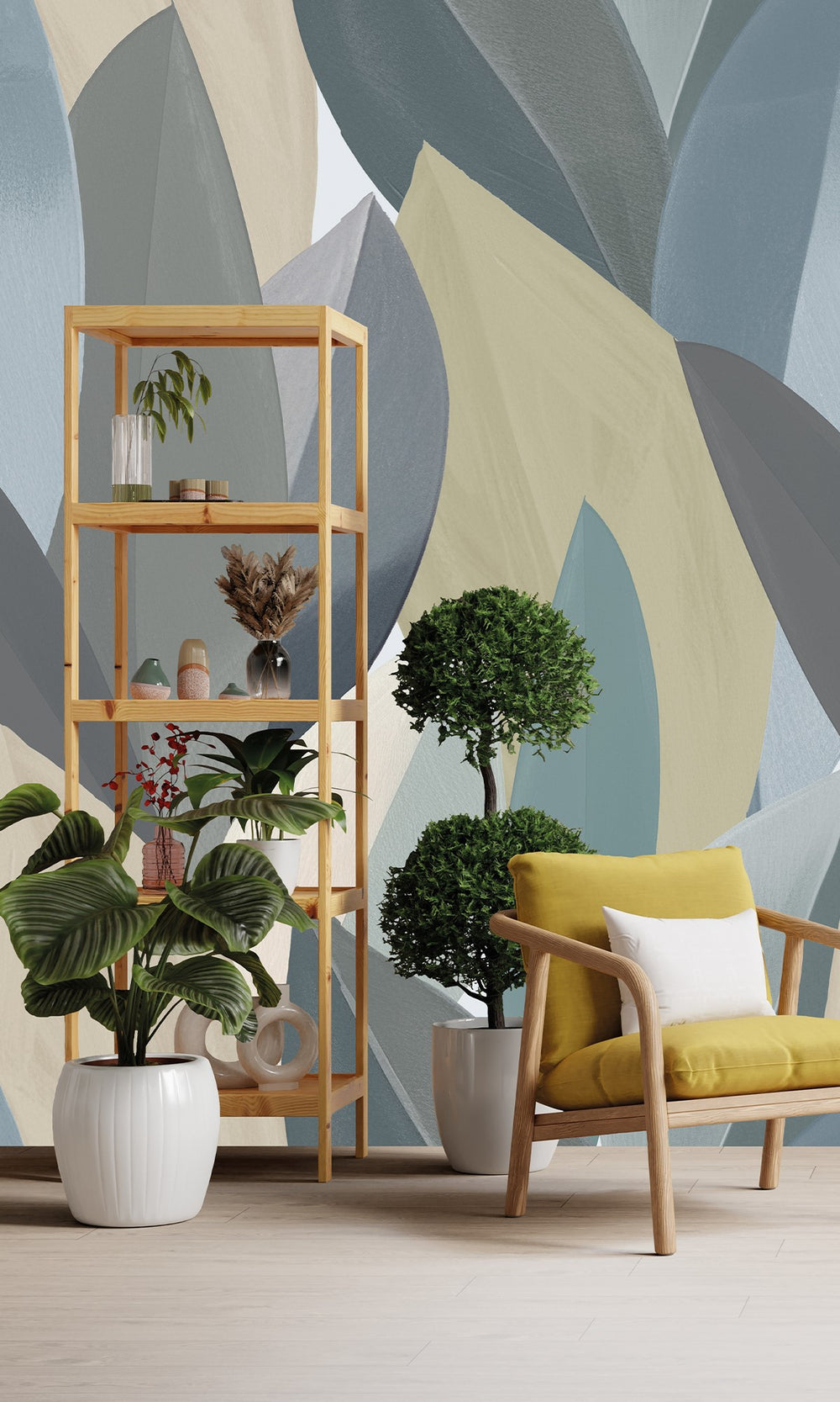 Periglacial Blue & Horizon Grey Overlapping Watercolor Leaves Wallpaper RM9075