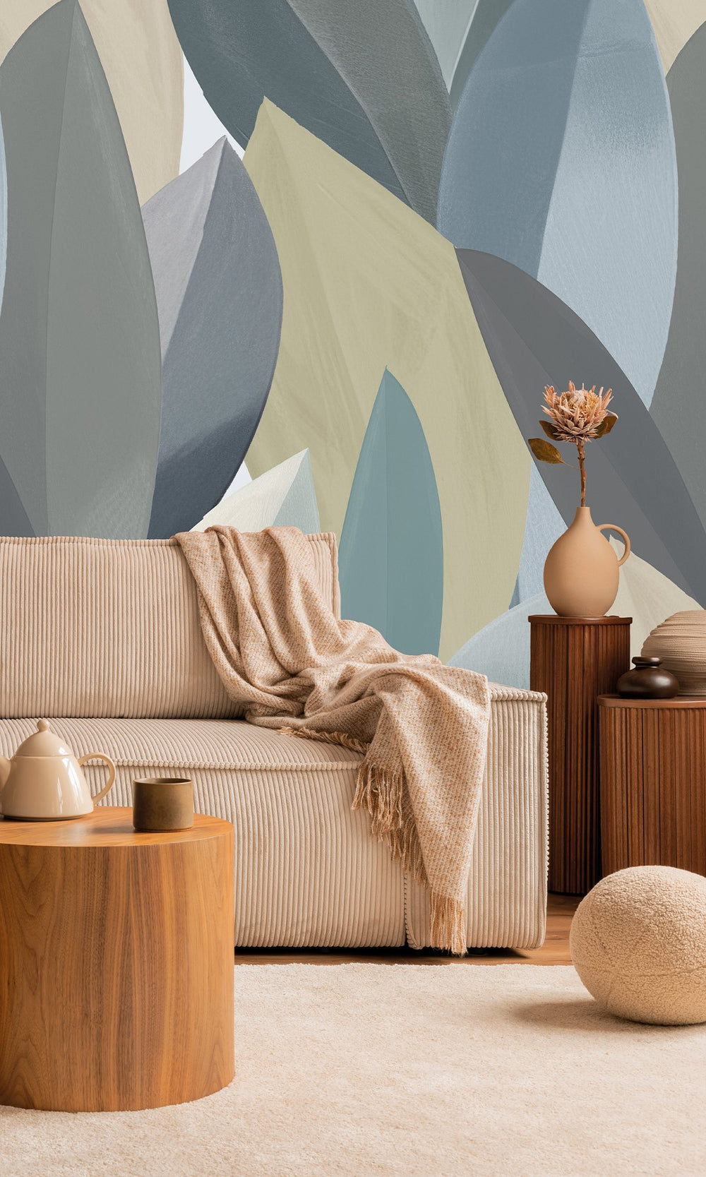 Periglacial Blue & Horizon Grey Overlapping Watercolor Leaves Wallpaper RM9075