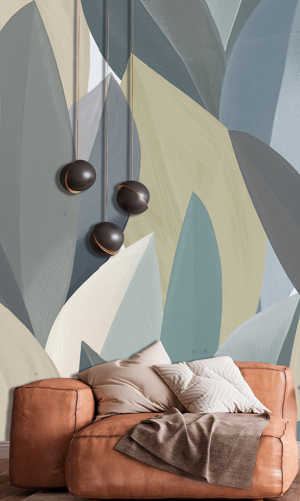 Periglacial Blue & Horizon Grey Overlapping Watercolor Leaves Wallpaper RM9075