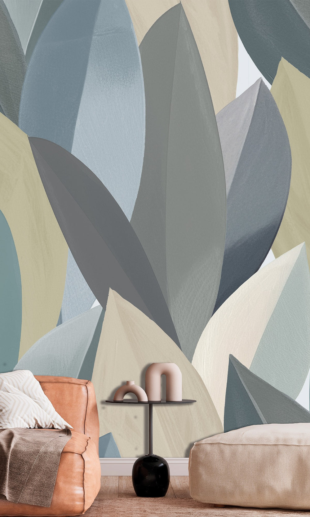 Periglacial Blue & Horizon Grey Overlapping Watercolor Leaves Wallpaper RM9075