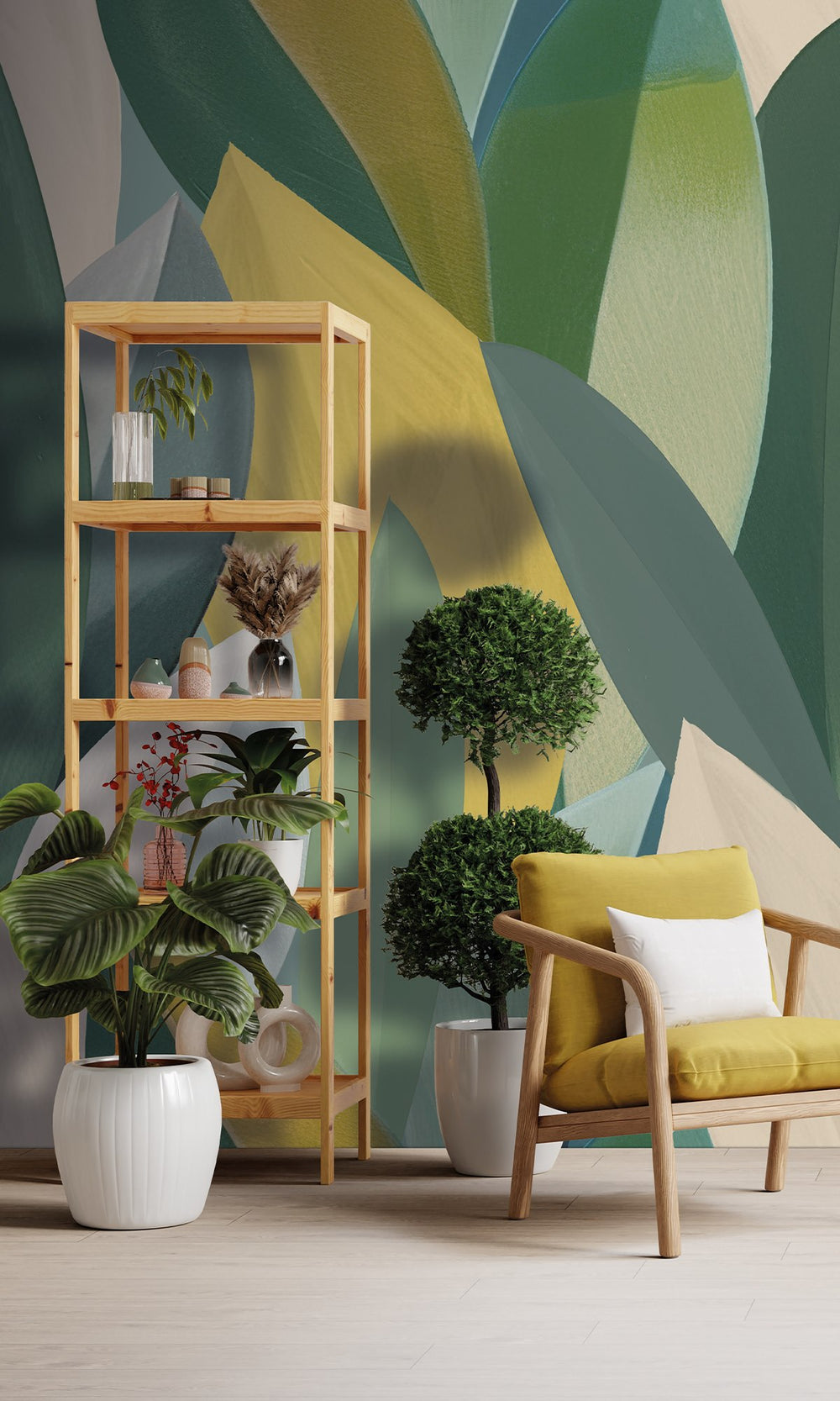 Moss Vale & Spanish Bistre Overlapping Watercolor Leaves Wallpaper RM9076