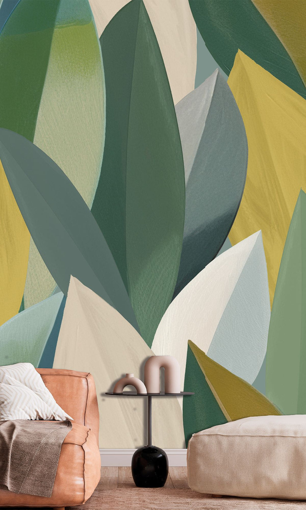 Moss Vale & Spanish Bistre Overlapping Watercolor Leaves Wallpaper RM9076