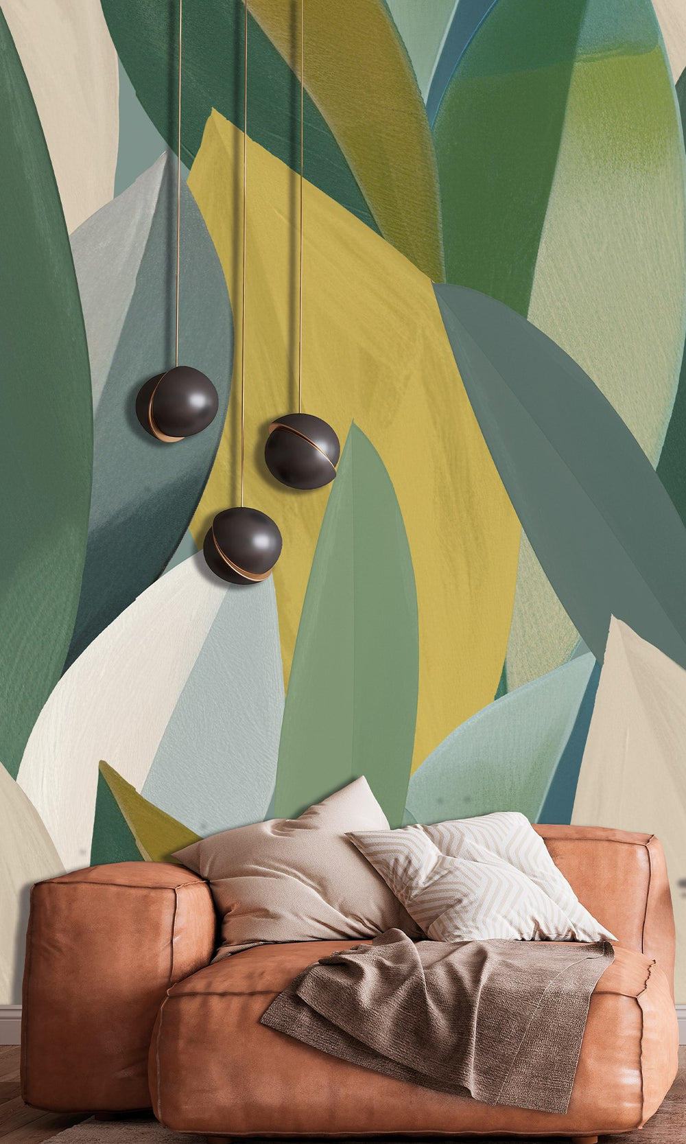Moss Vale & Spanish Bistre Overlapping Watercolor Leaves Wallpaper RM9076