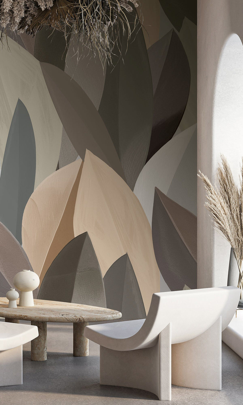 Agate Grey &Frosted Almond Overlapping Watercolor Leaves Wallpaper RM9077