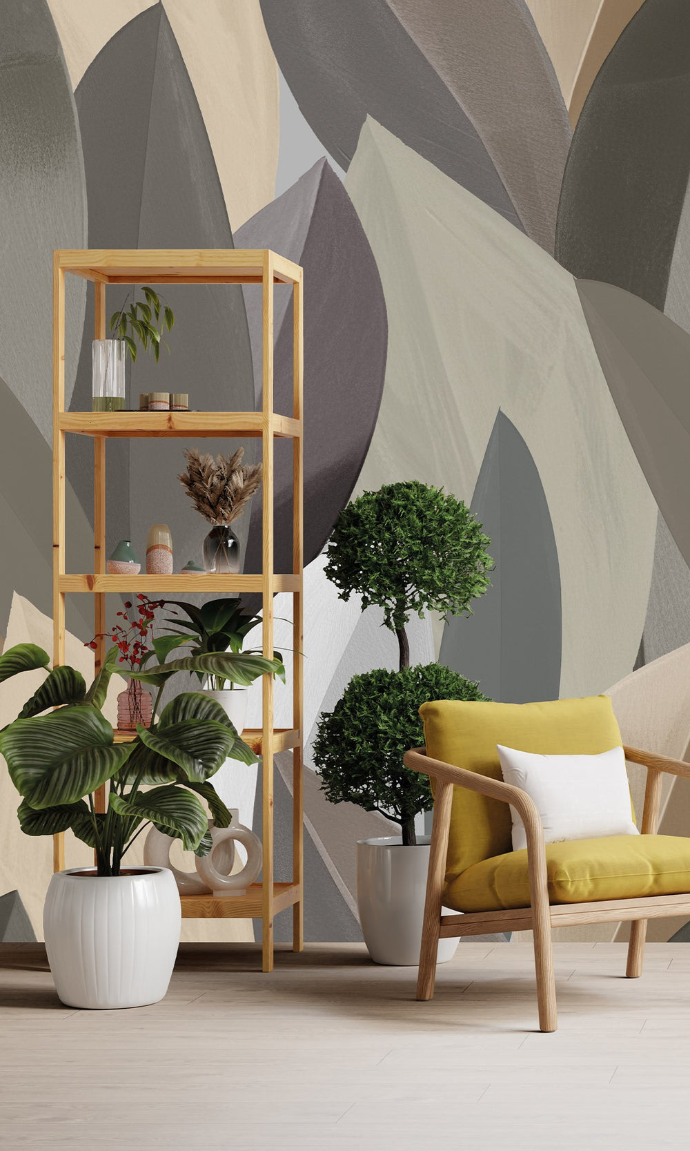 Agate Grey &Frosted Almond Overlapping Watercolor Leaves Wallpaper RM9077