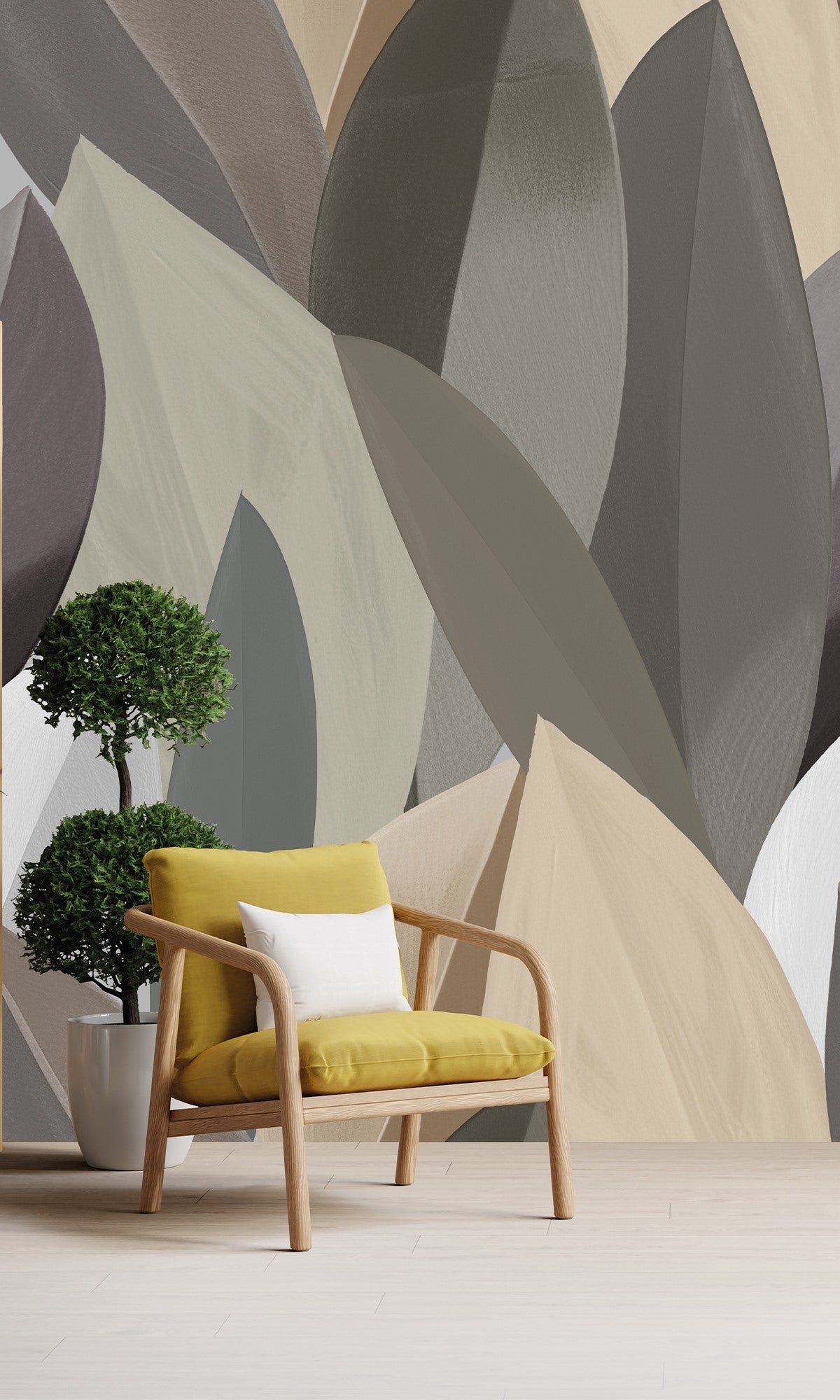 Agate Grey &Frosted Almond Overlapping Watercolor Leaves Wallpaper RM9077