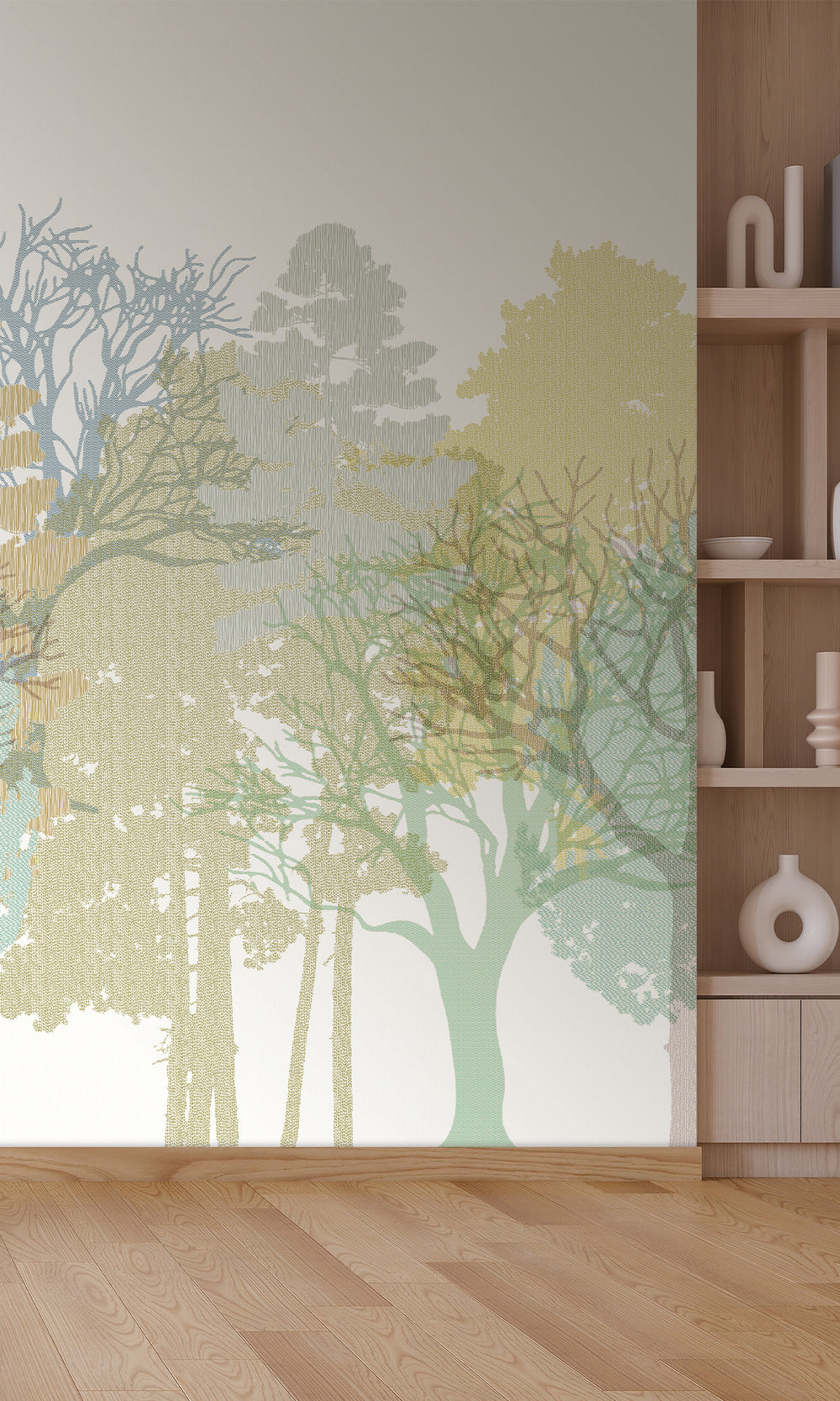 Dusk White & Dusky Citron Forest Silhouette Mural RM9079