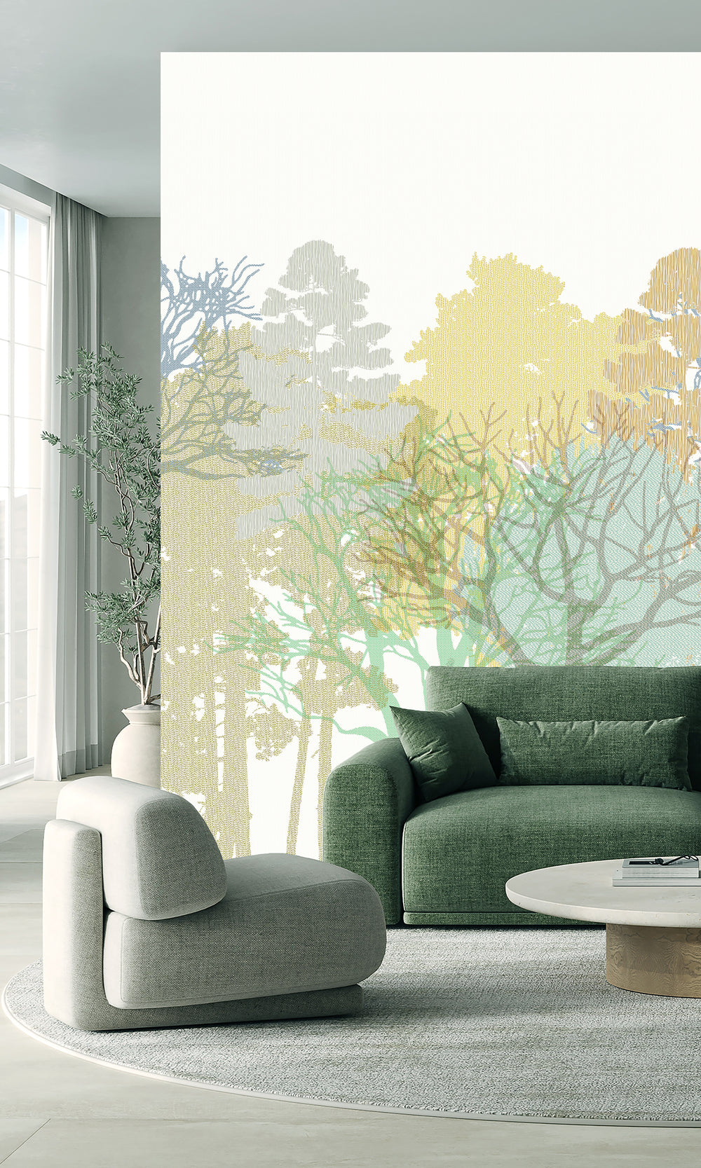 Dusk White & Dusky Citron Forest Silhouette Mural RM9079