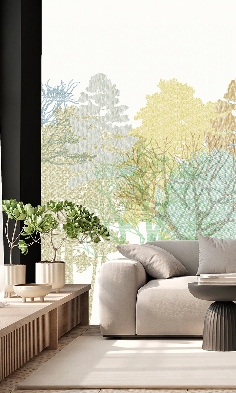 Dusk White & Dusky Citron Forest Silhouette Mural RM9079