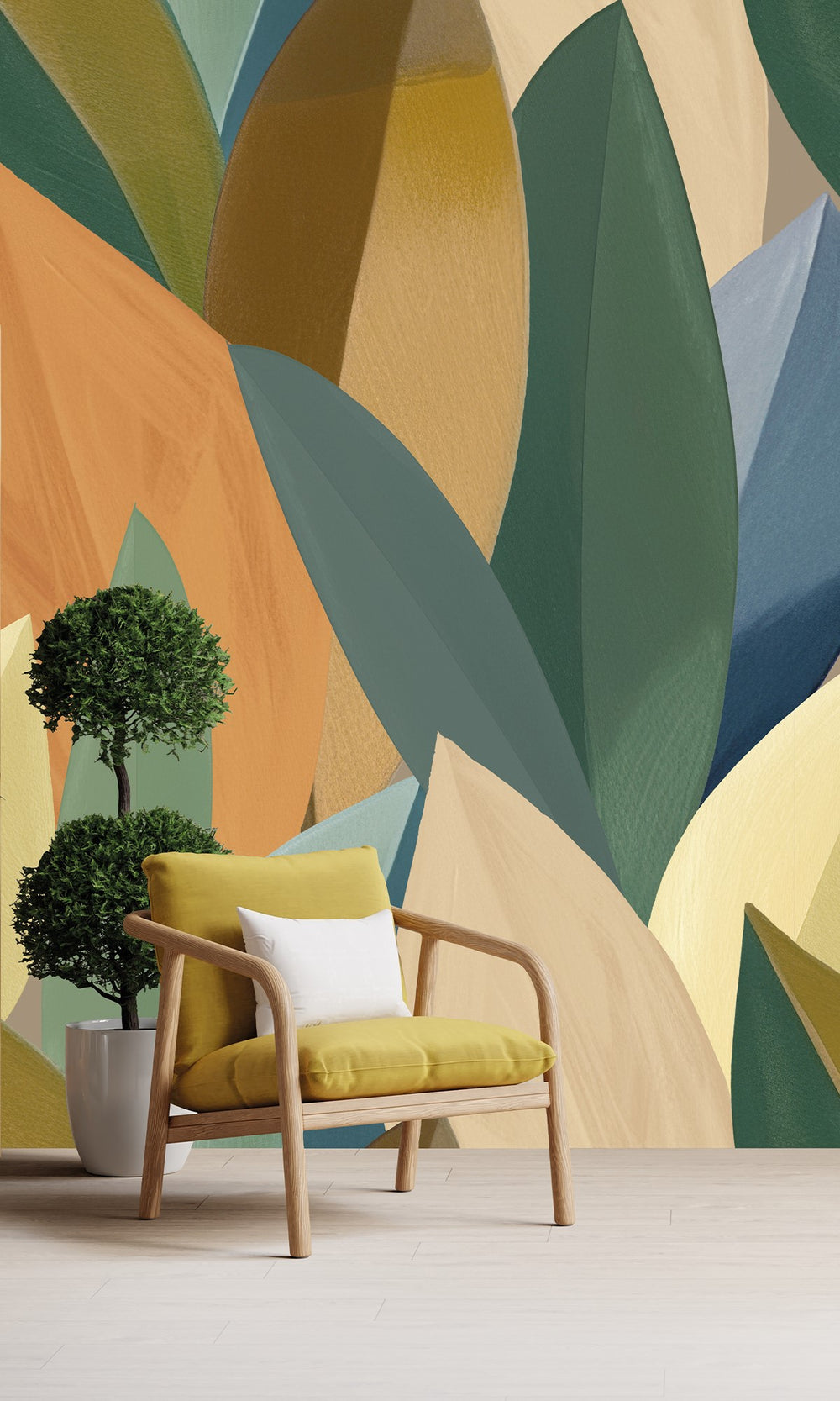Catalina Green & Golden Nugget Overlapping Watercolor Leaves Wallpaper RM9080