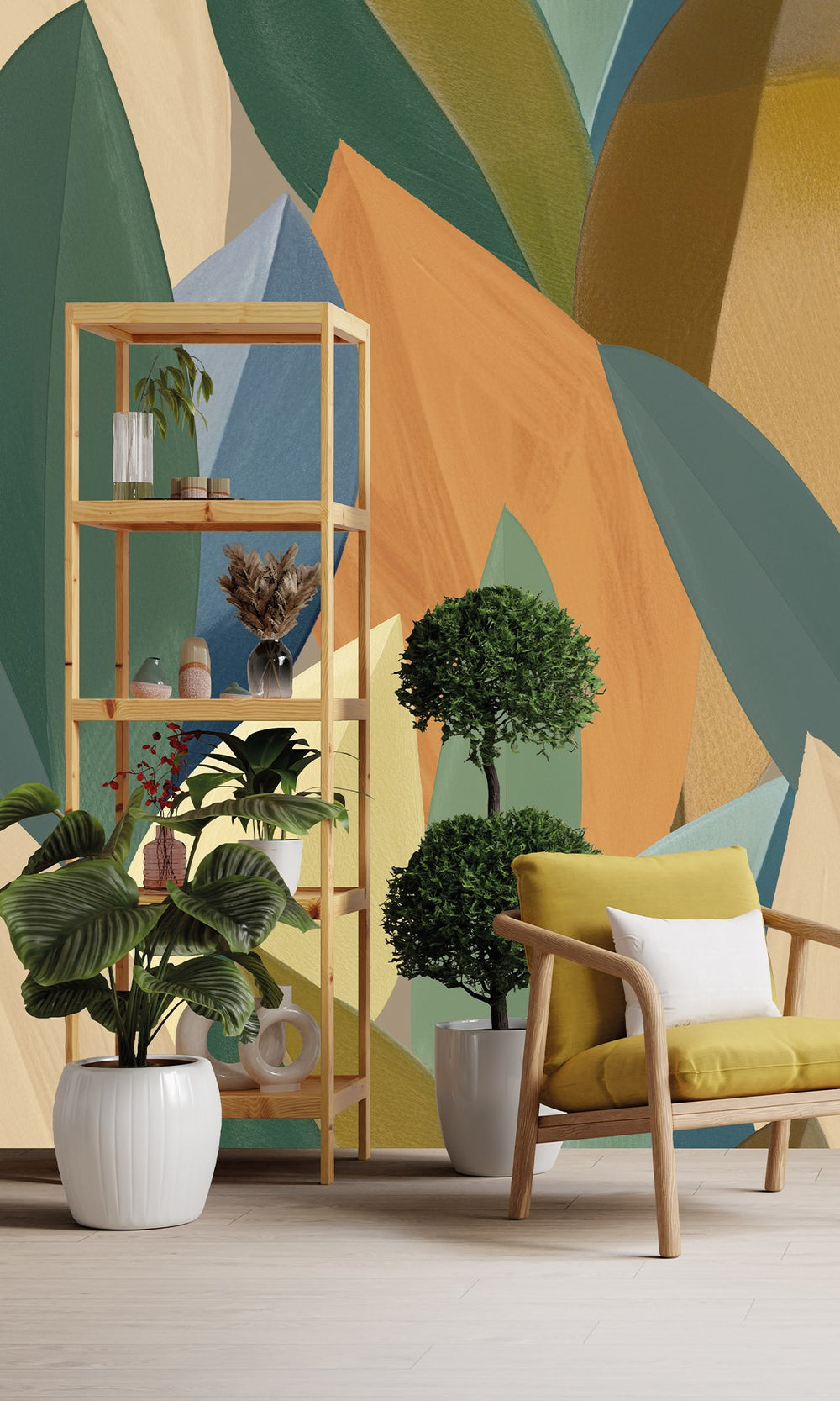 Catalina Green & Golden Nugget Overlapping Watercolor Leaves Wallpaper RM9080