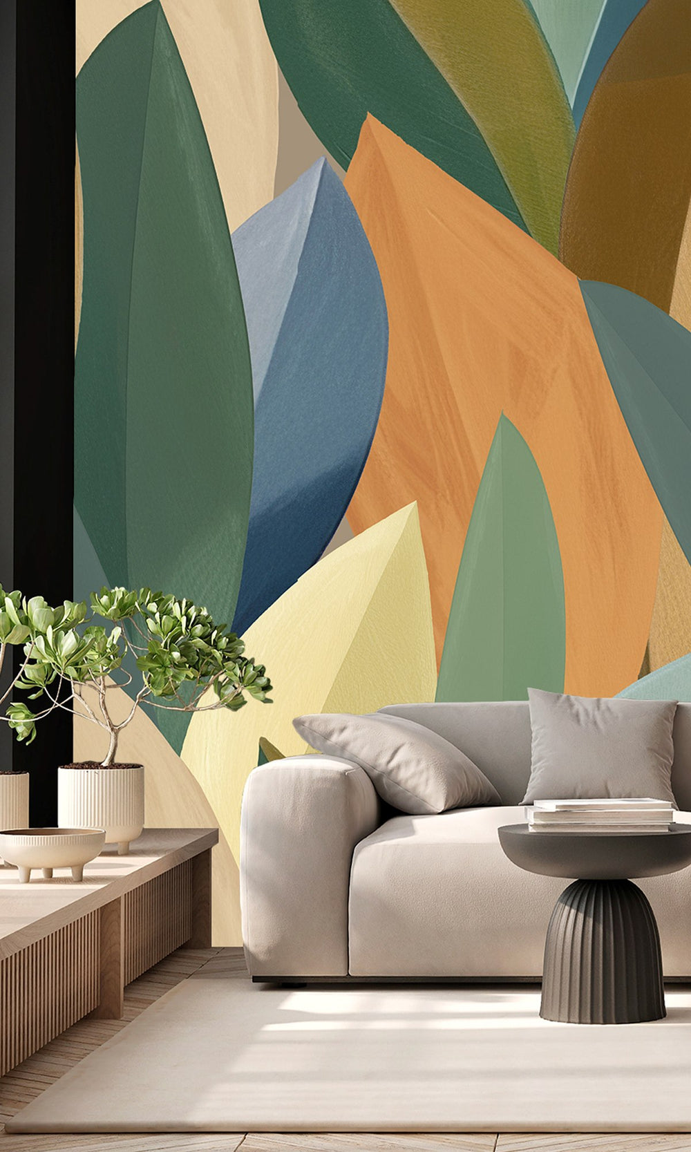 Catalina Green & Golden Nugget Overlapping Watercolor Leaves Wallpaper RM9080