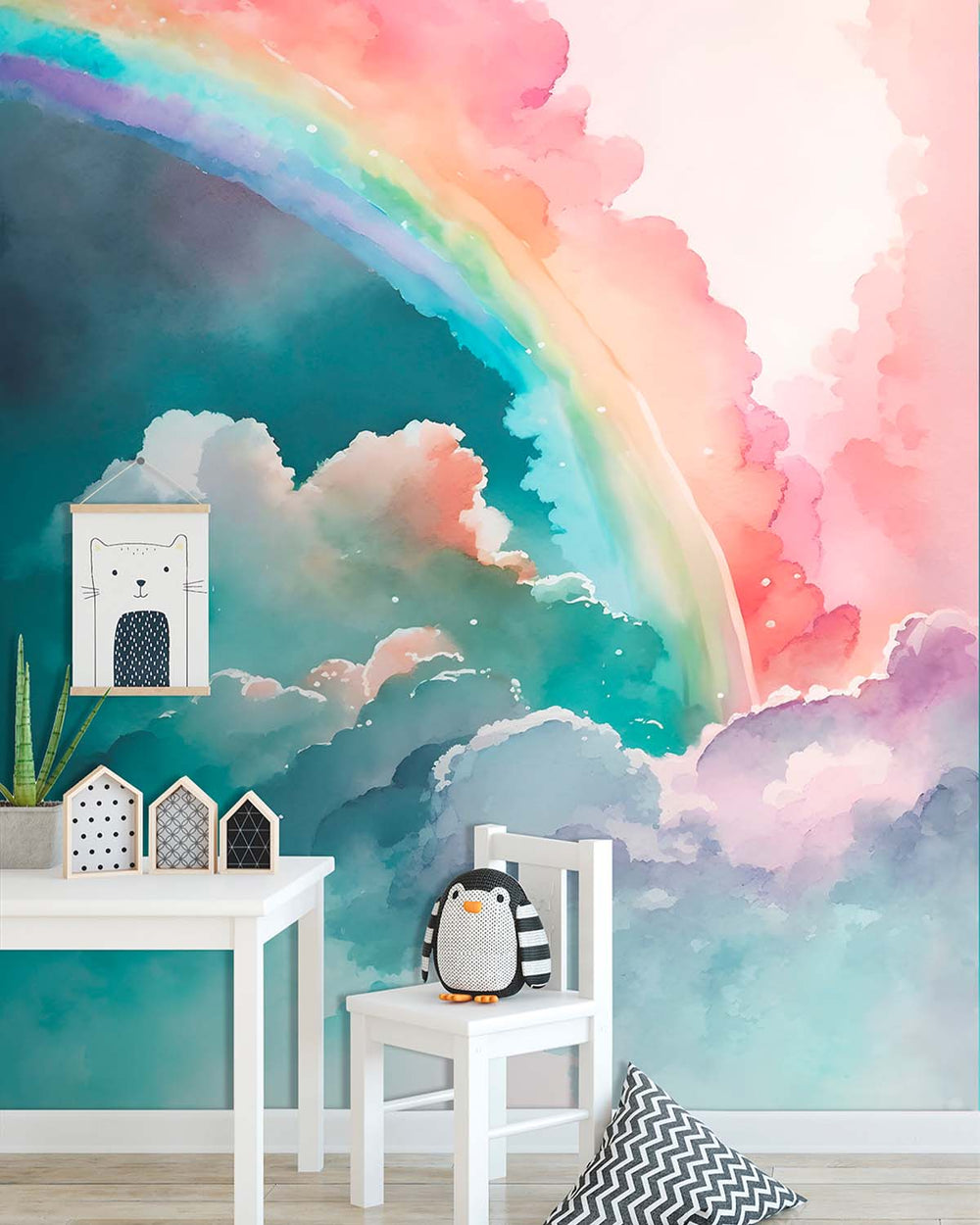 Tropical Teal Magical Dreamy Sky Watercolor Rainbow Residential Mural RM9138