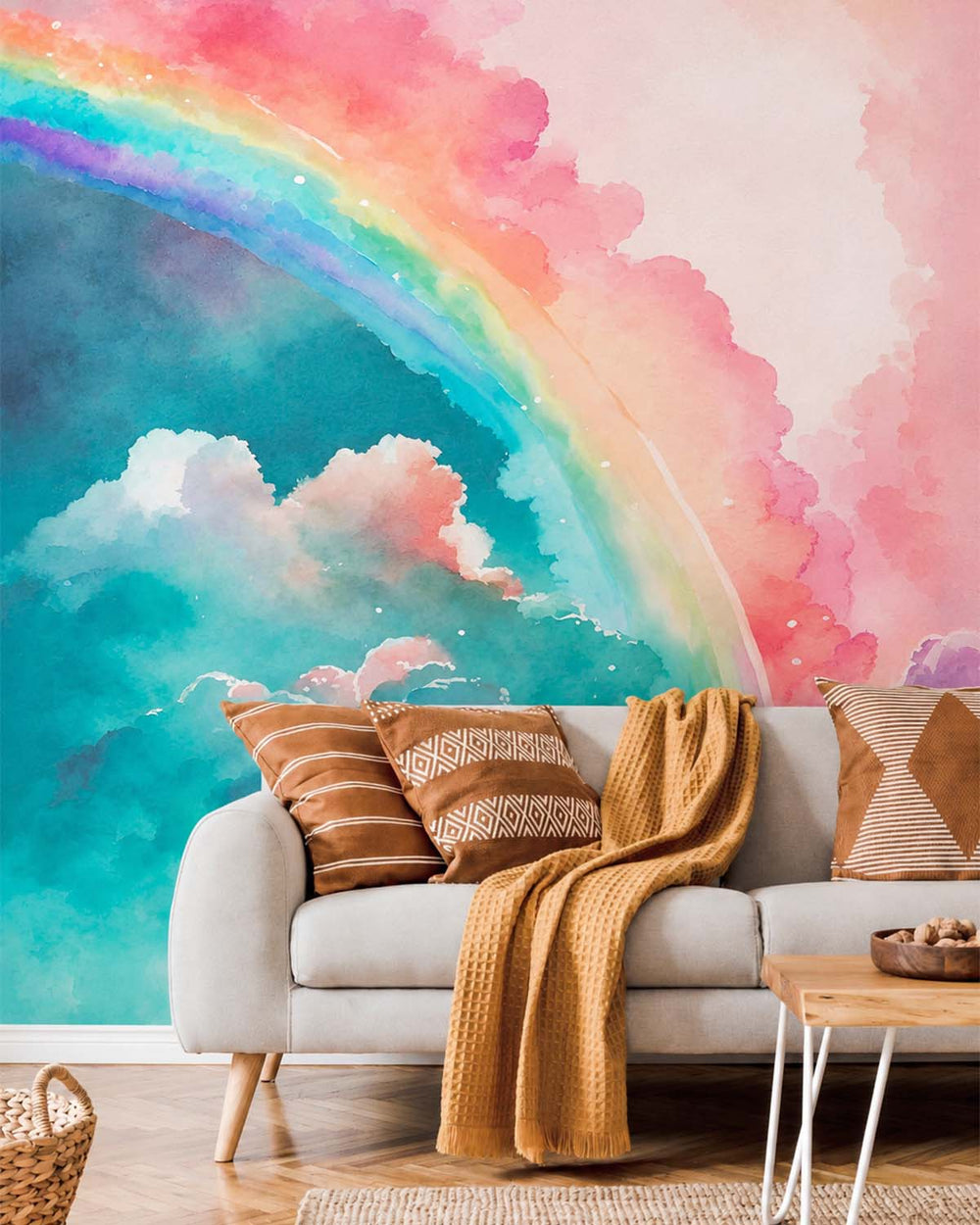 Tropical Teal Magical Dreamy Sky Watercolor Rainbow Residential Mural RM9138