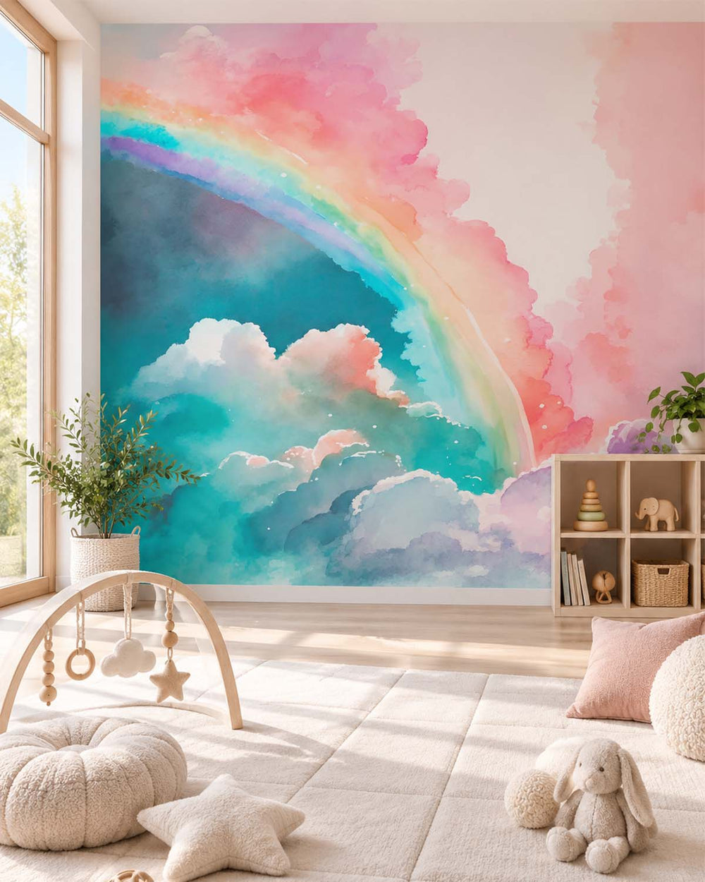 Tropical Teal Magical Dreamy Sky Watercolor Rainbow Residential Mural RM9138