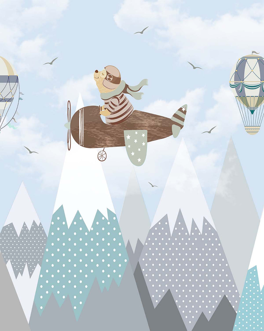 Weathered Blue Whimsical Pilot Bear Residential Mural RM9139
