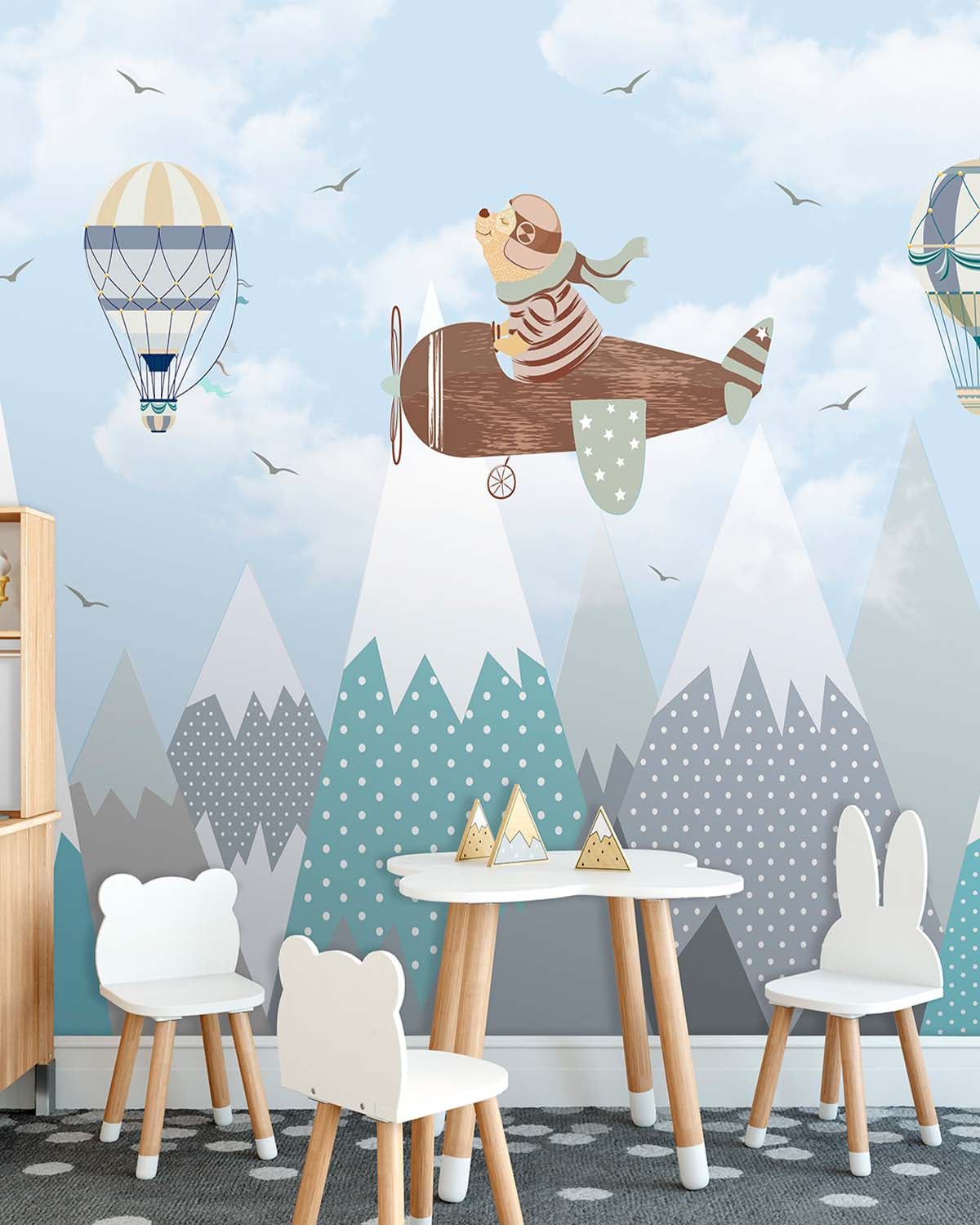 Weathered Blue Whimsical Pilot Bear Wallpaper Panels RM9139