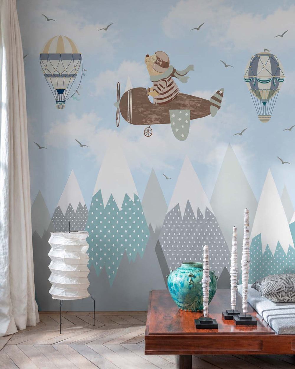 Weathered Blue Whimsical Pilot Bear Residential Mural RM9139