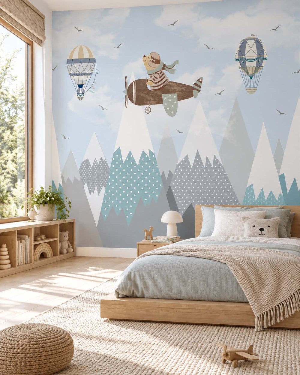 Weathered Blue Whimsical Pilot Bear Residential Mural RM9139