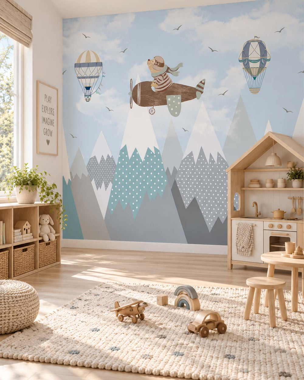 Weathered Blue Whimsical Pilot Bear Residential Mural RM9139