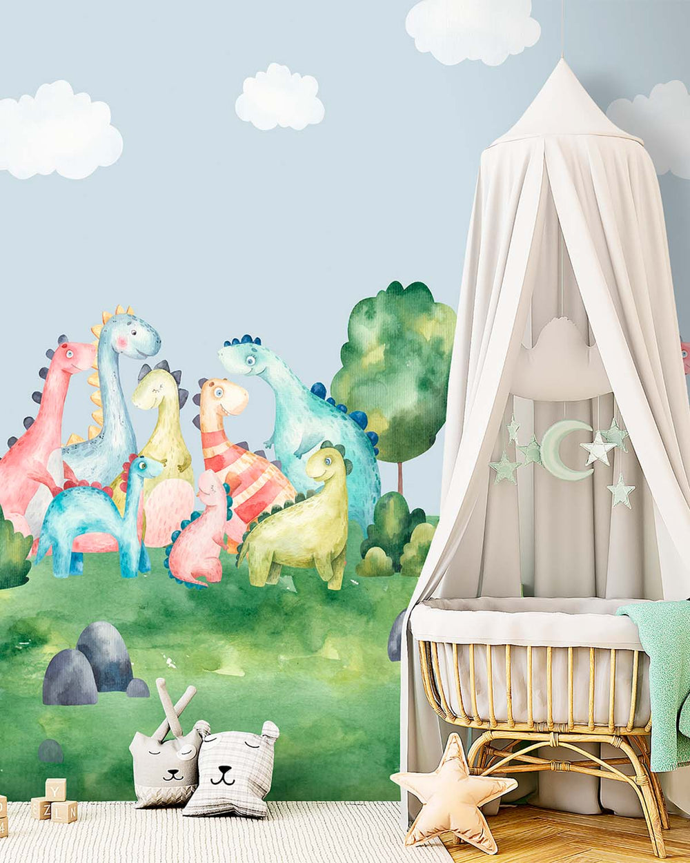 Aqua Forest Pastel Dinosaur Meadow  Residential Mural RM9142