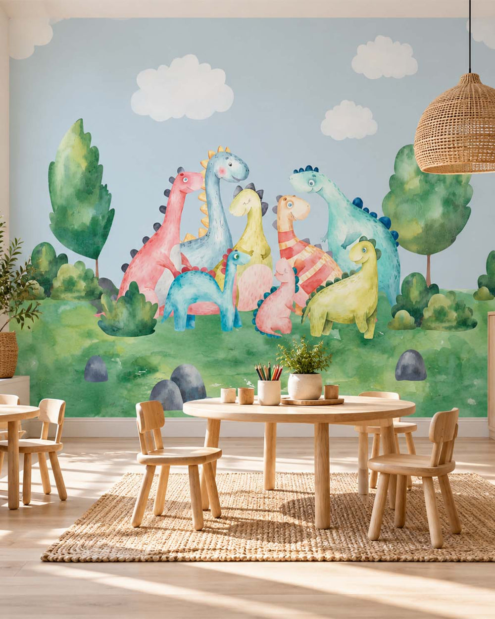 Aqua Forest Pastel Dinosaur Meadow  Residential Mural RM9142