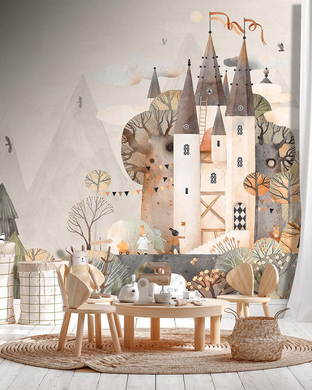 White Pearl Watercolor Fairytale Castle Residential Mural RM9143