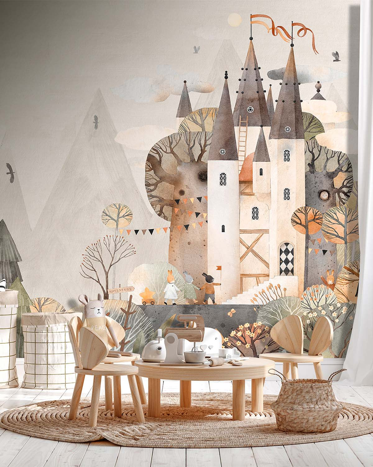 White Pearl Watercolor Fairytale Castle Residential Mural RM9143