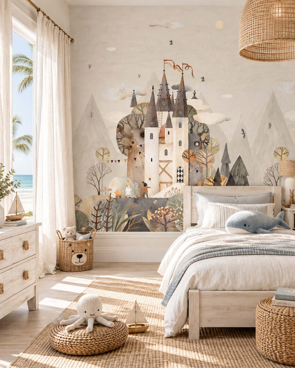 White Pearl Watercolor Fairytale Castle Residential Mural RM9143