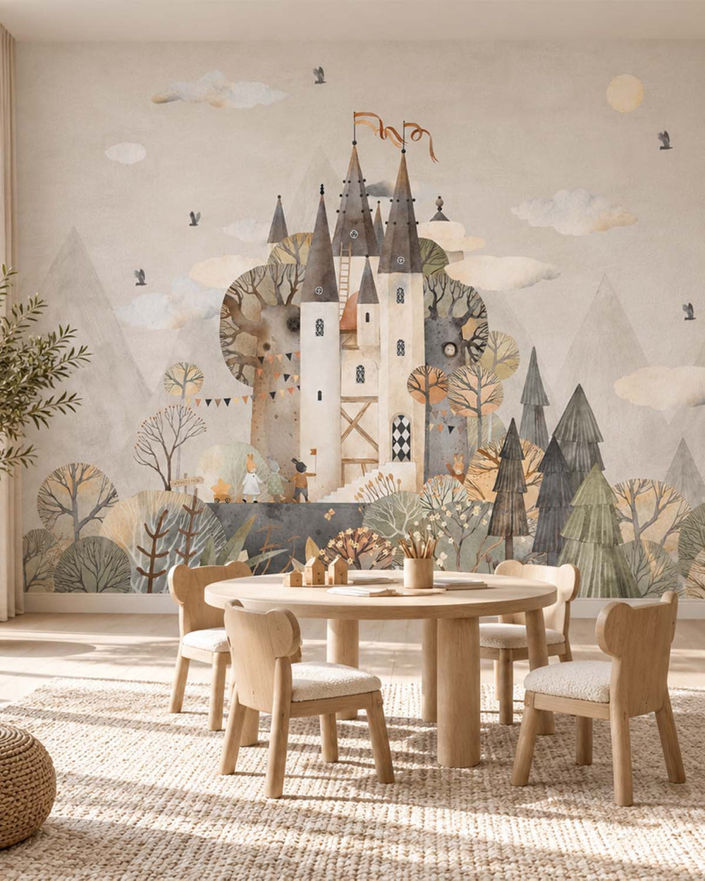 White Pearl Watercolor Fairytale Castle Residential Mural RM9143
