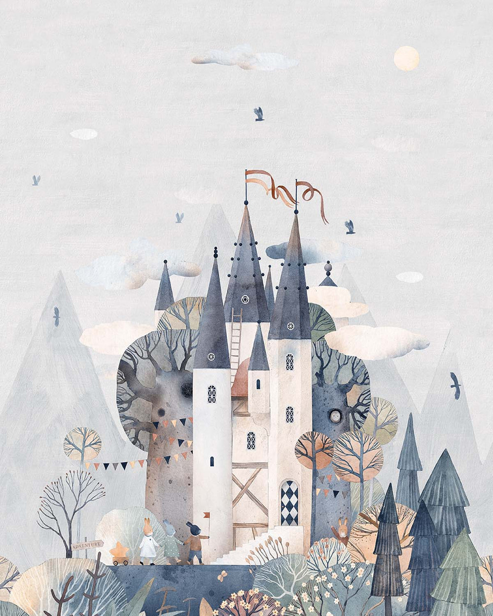Athens Grey Watercolor Fairytale Castle Residential Mural RM9144