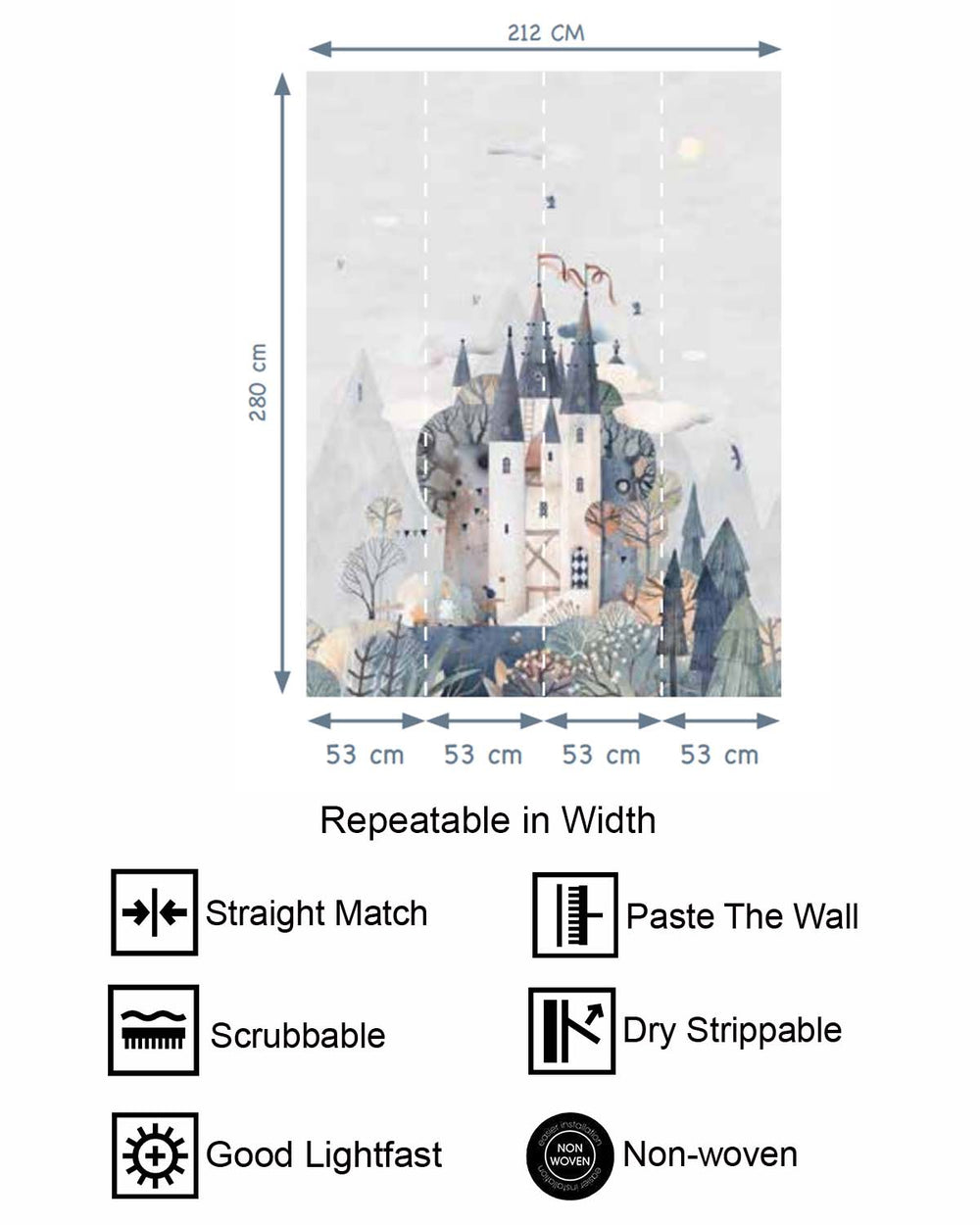 Athens Grey Watercolor Fairytale Castle Residential Mural RM9144