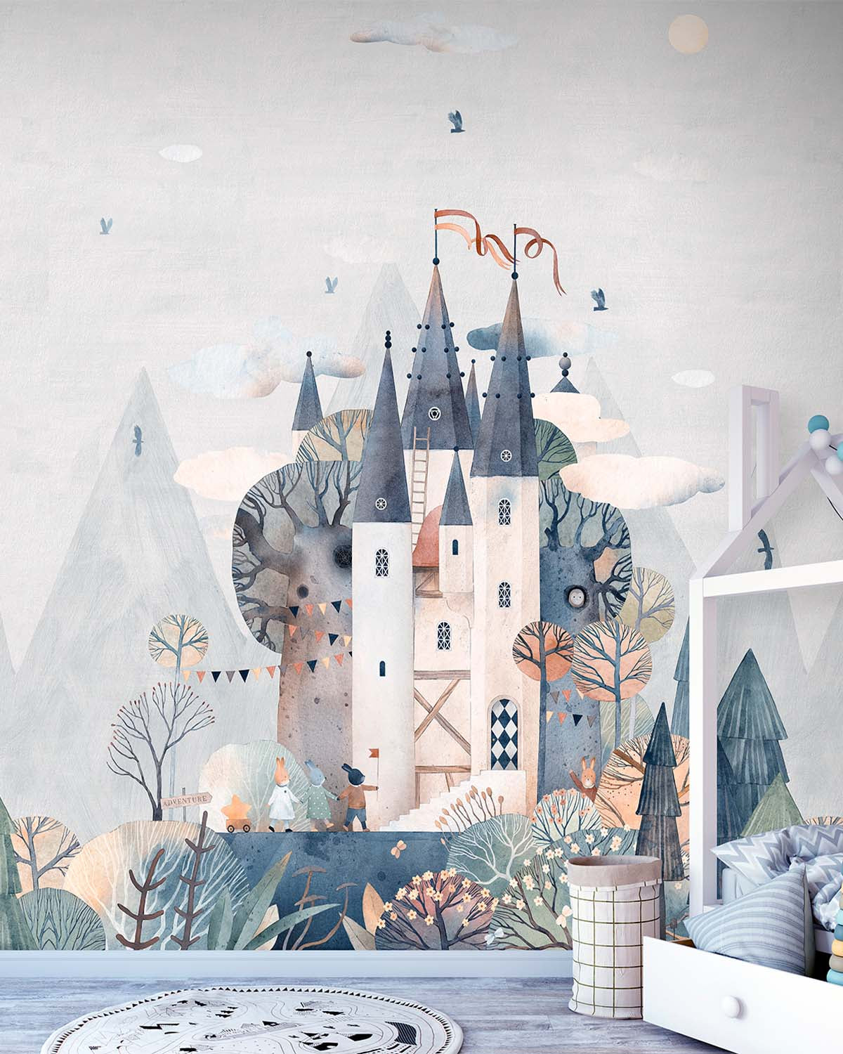 Athens Grey Watercolor Fairytale Castle Wallpaper Panels RM9144
