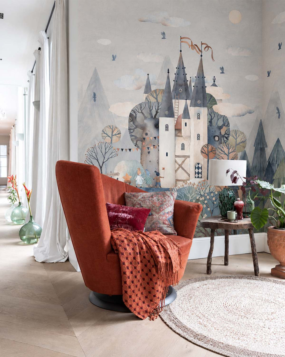 Athens Grey Watercolor Fairytale Castle Residential Mural RM9144