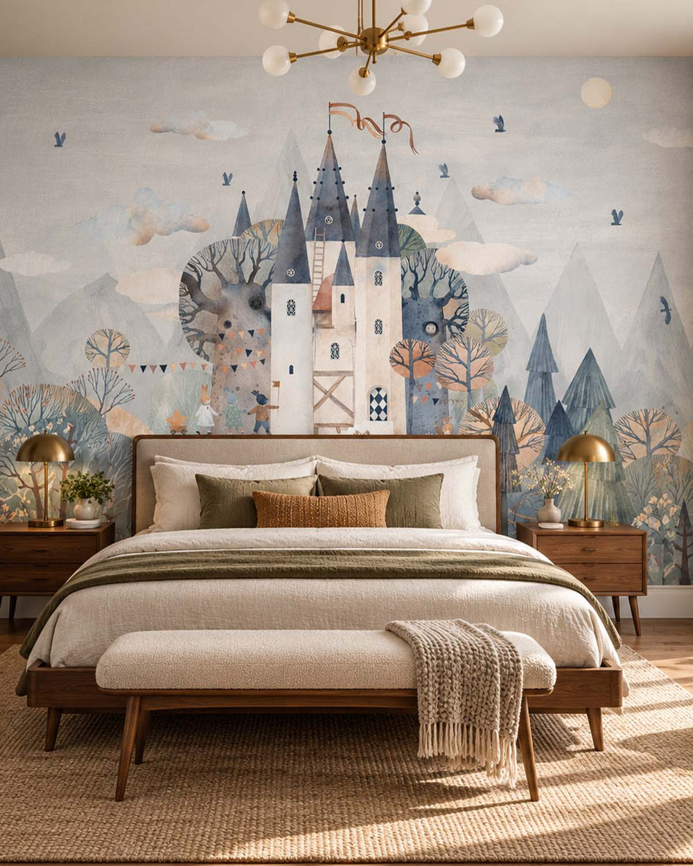 Athens Grey Watercolor Fairytale Castle Residential Mural RM9144