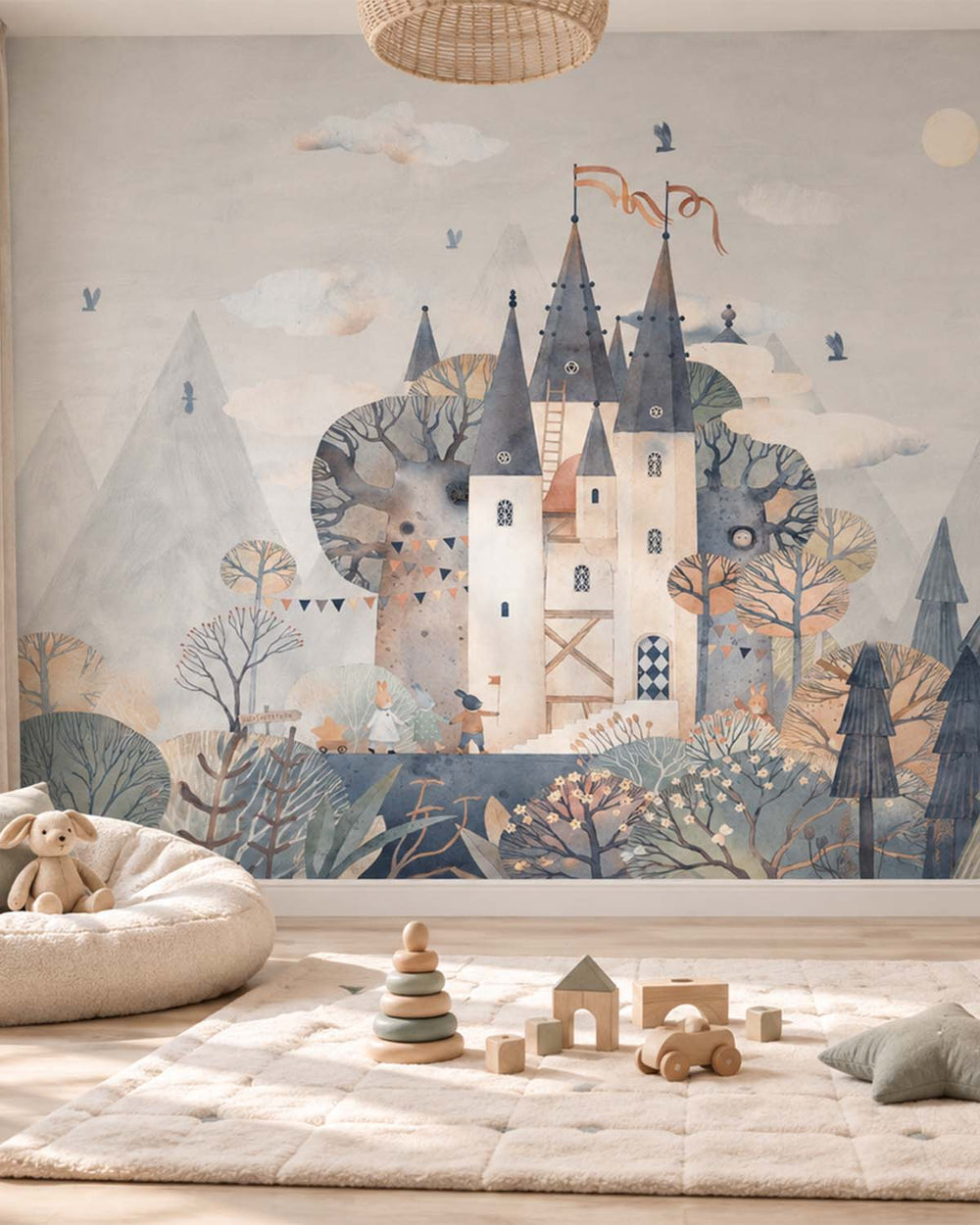 Athens Grey Watercolor Fairytale Castle Residential Mural RM9144