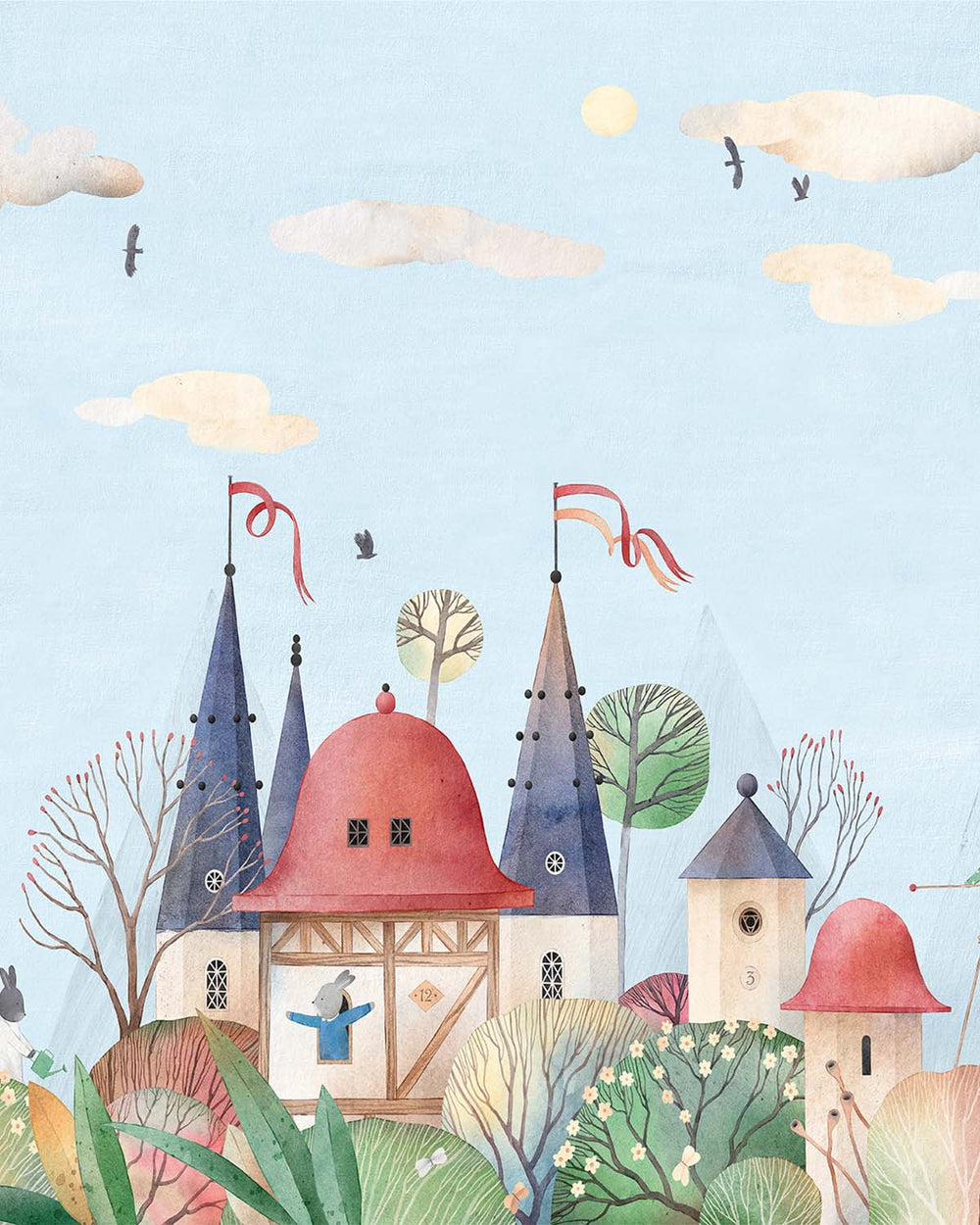 Azureish White Enchanted Fairytale Castle & Bunnies Residential Mural RM9145