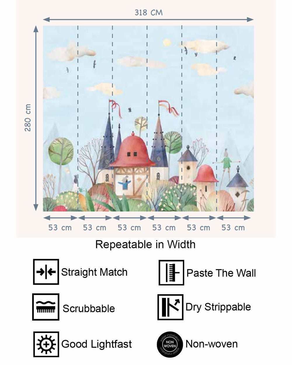 Azureish White Enchanted Fairytale Castle & Bunnies Residential Mural RM9145