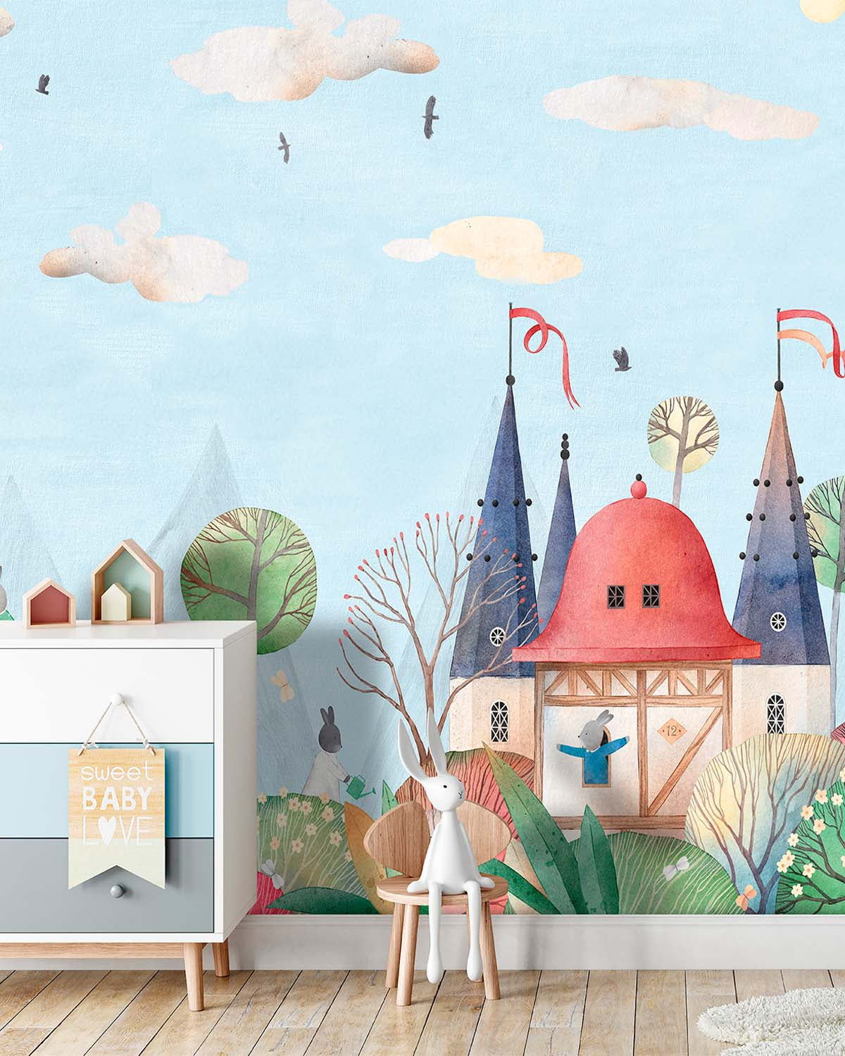 Azureish White Enchanted Fairytale Castle & Bunnies Residential Mural RM9145