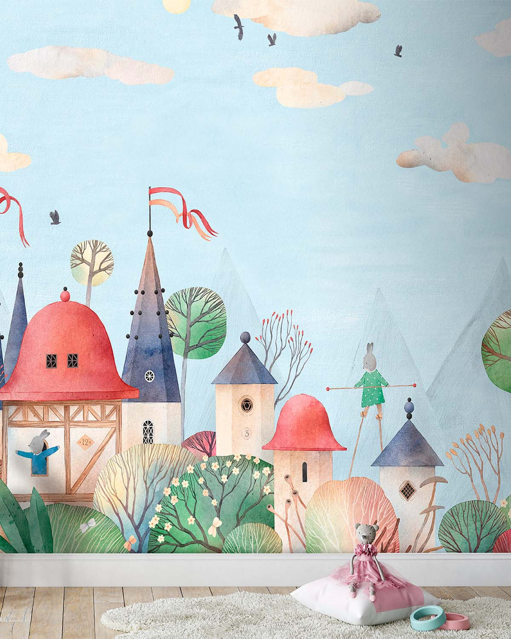 Azureish White Enchanted Fairytale Castle & Bunnies Residential Mural RM9145