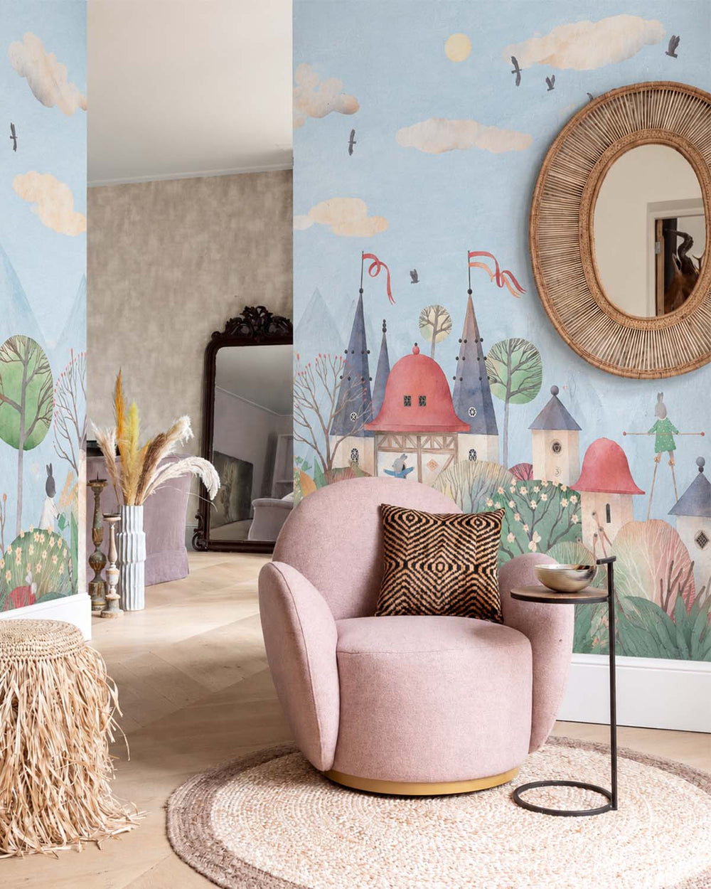 Azureish White Enchanted Fairytale Castle & Bunnies Residential Mural RM9145
