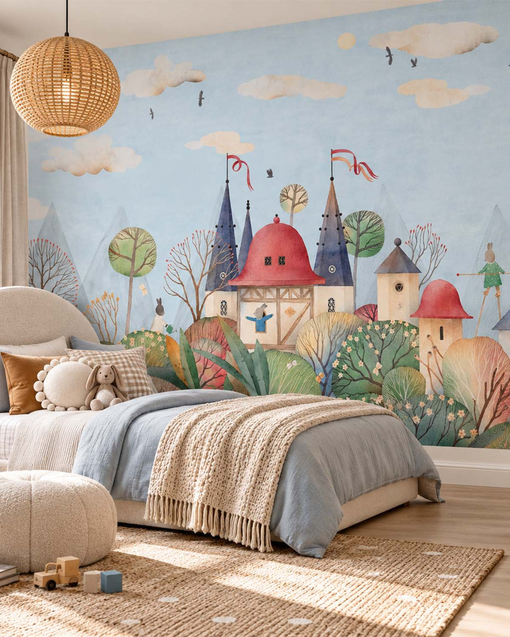 Azureish White Enchanted Fairytale Castle & Bunnies Residential Mural RM9145