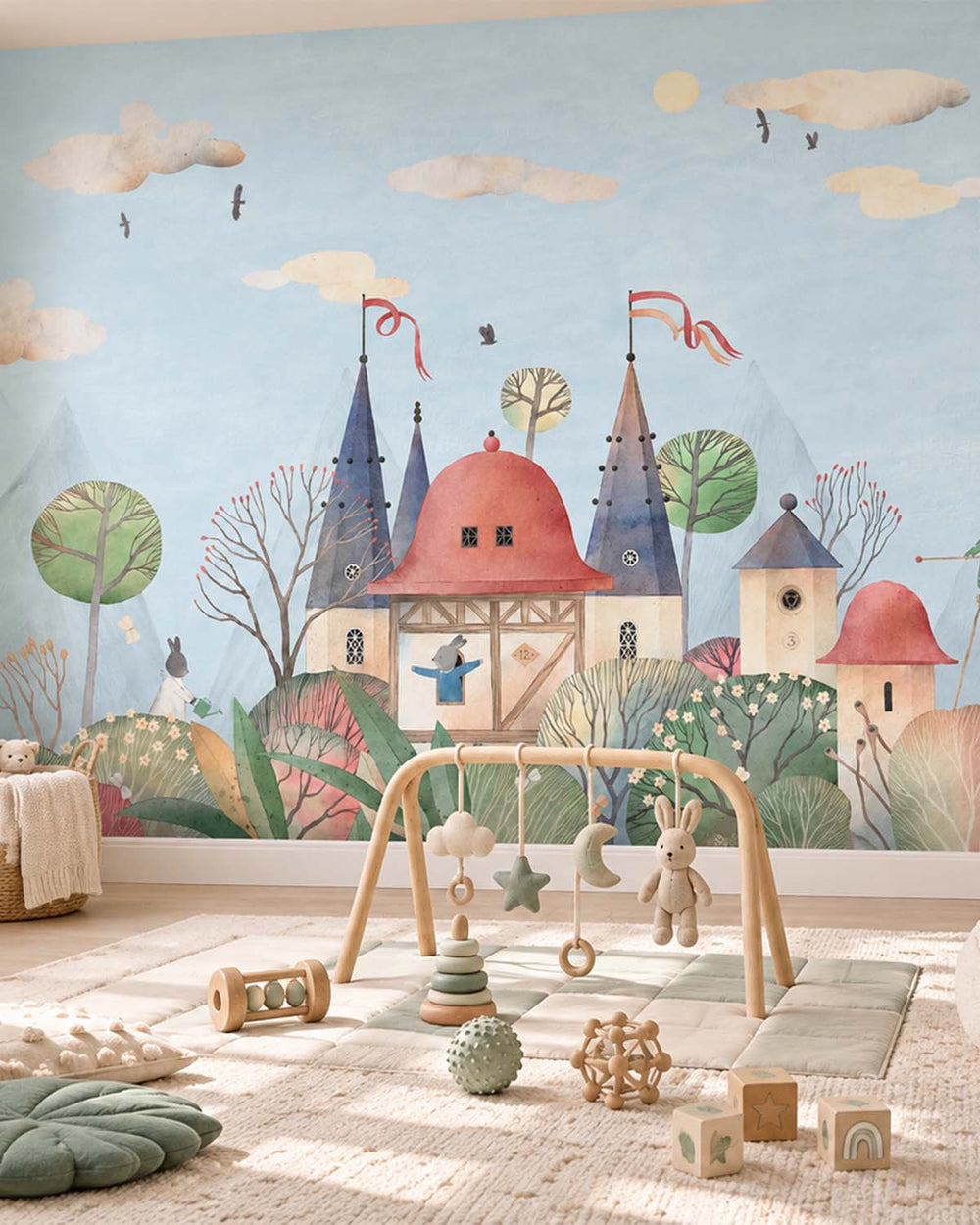 Azureish White Enchanted Fairytale Castle & Bunnies Residential Mural RM9145