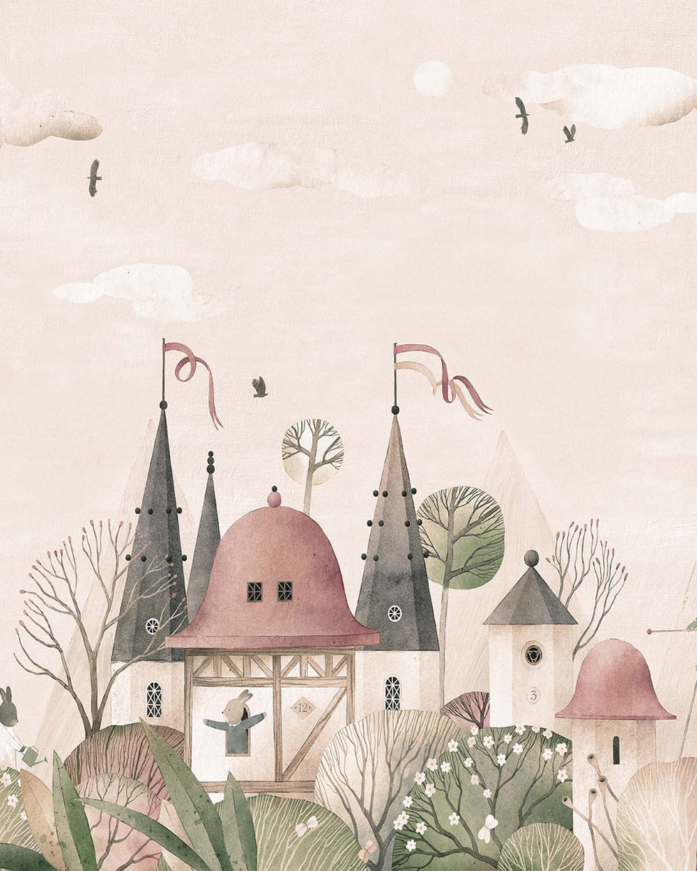 Gardenia Beige Enchanted Fairytale Castle & Bunnies Residential Mural RM9146