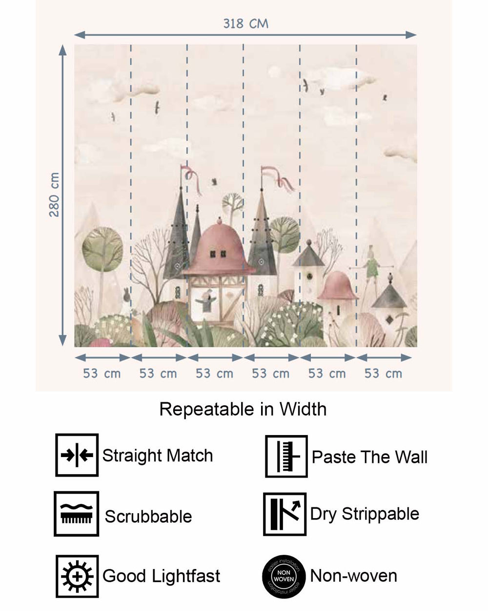 Gardenia Beige Enchanted Fairytale Castle & Bunnies Residential Mural RM9146