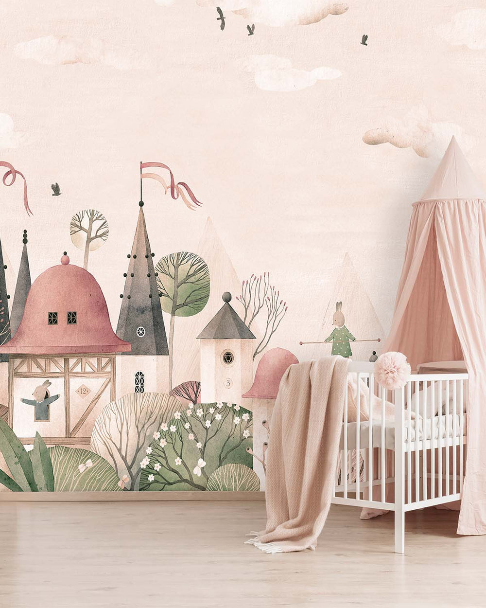Gardenia Beige Enchanted Fairytale Castle & Bunnies Residential Mural RM9146