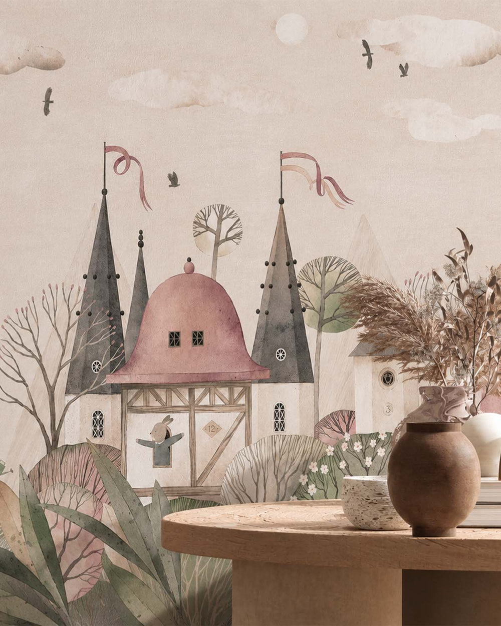 Gardenia Beige Enchanted Fairytale Castle & Bunnies Residential Mural RM9146